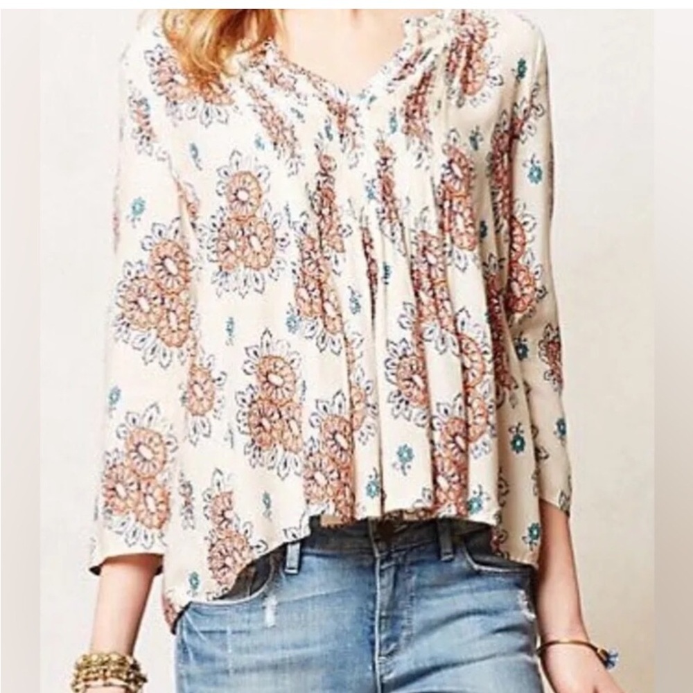 Anthropologie Top Vanessa Virginia Mahdia Floral Cream Swing Blouse Size 8 - Picture 10 of 10